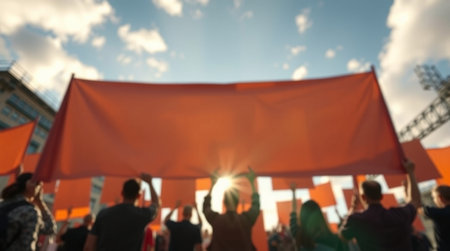 Blurred view of crowd of people at open air concert on background of blue skyの写真素材