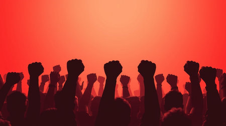 Silhouette of a crowd of people raising their hands in the air