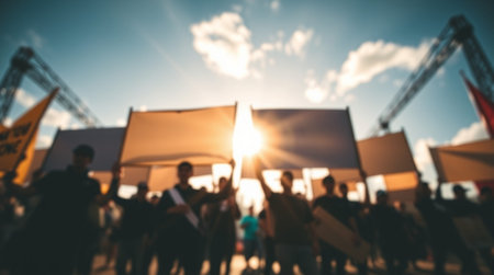 Blurred background. Crowd of people with banners in the city.