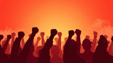 Silhouette of cheering crowd at sunset background. Vector illustration.