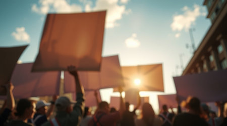 Blurred background of crowd of people with banners and flags at a demonstration