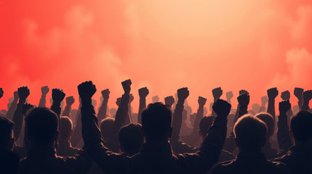 Silhouettes of people raising their hands in the air on a red background