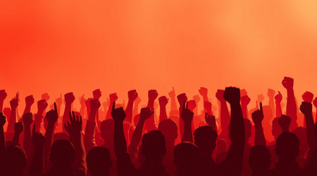 Silhouettes of cheering crowd at a concert in front of red background