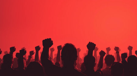 Silhouette of a crowd cheering at a concert with a red backgroundの写真素材
