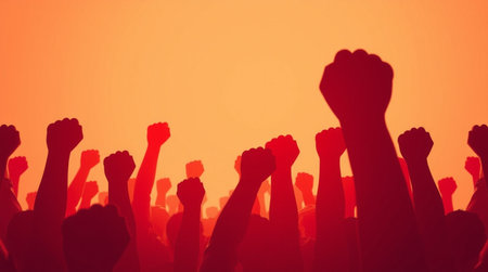 Silhouette of cheering crowd with hands raised up at sunset.の写真素材