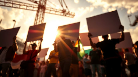 Silhouette of crowd of people with placard against the background of a construction site.
