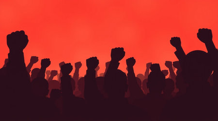 Silhouette of a crowd of people raising their hands in the air