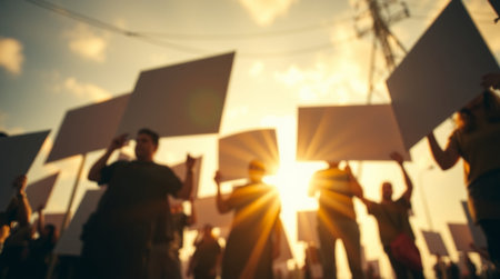 Silhouettes of people protesting on the street against the sun.