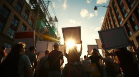 Blurred image of crowd of people with placards in a city at sunsetの写真素材
