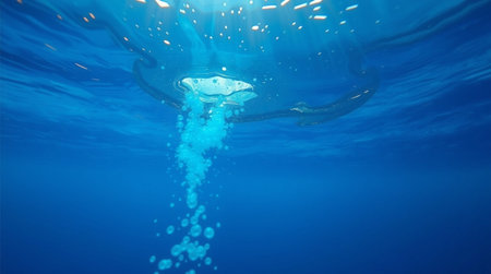 Swimming in the blue ocean, underwater photo.