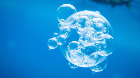 Bubbles floating in the blue water. Underwater background.