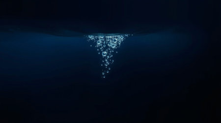 Underwater view of deep blue ocean with bubbles. 3D Rendering
