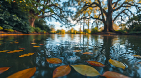 Colorful autumn leaves floating on water in the park, Thailand.