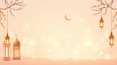 Ramadan Kareem background with lanterns and crescent moon.