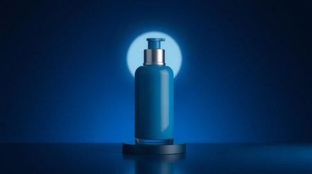 Blue cosmetic bottle on dark blue background. 3D rendering illustration.