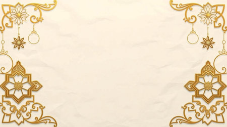Christmas background with golden decorations and snowflakes on crumpled paper
