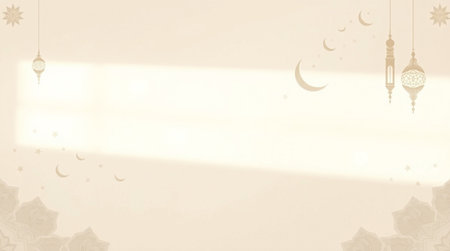 Ramadan Kareem background with paper lanterns and crescent.