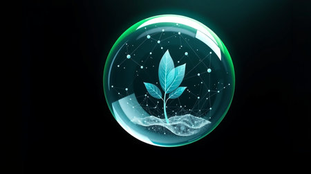 Illustration of a green plant in a glass sphere on a dark background