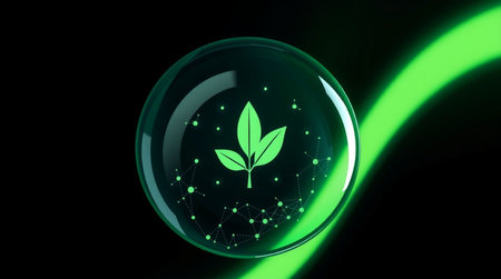 Green plant in a crystal ball on a black background. The concept of eco-friendly products.