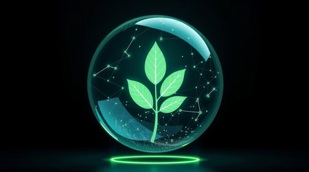 Glowing crystal sphere with green leaves and glowing lines. 3D rendering