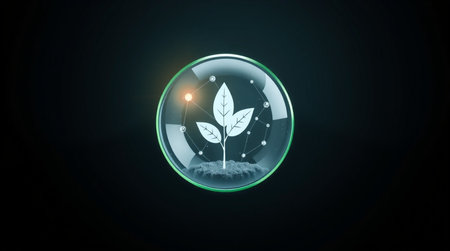 3d illustration of green sprout in a glass sphere on a dark background