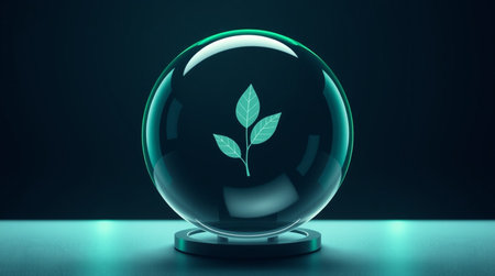 Crystal ball with green plant inside. 3D rendering. Abstract background.