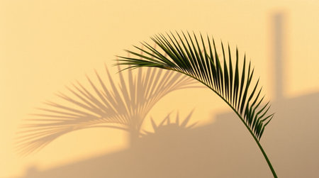 Palm leaves shadow on a yellow wall background. Close up.