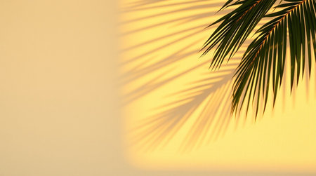 Palm leaves shadow on yellow wall background. Copy space for text