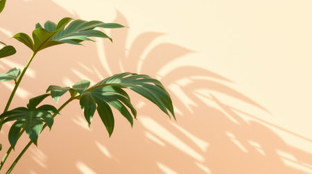 Monstera deliciosa plant with shadow on a beige wall