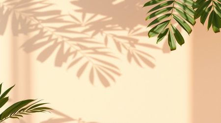 Shadow of palm leaves on a beige wall. Tropical background.