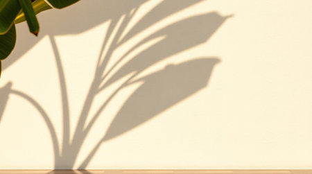 Shadow of a banana leaf on a white wall. Copy space.