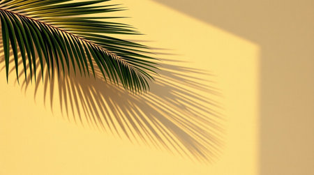 Tropical palm leaf shadow on yellow wall. Summer background.
