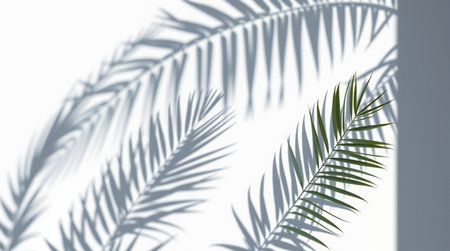 Shadow of palm leaves on white wall background. 3D illustration.