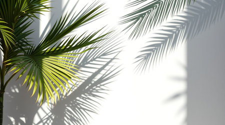 Palm leaves shadow on white wall background. Copy space for text.