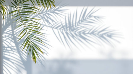 Palm leaves shadow on white wall background. Copy space for text