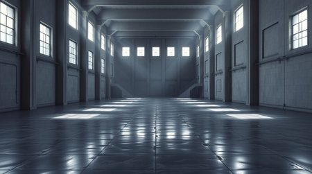 3D rendering of an empty warehouse with light coming through the windows
