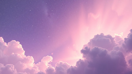 Purple sky background with clouds and stars. 3d illustration.