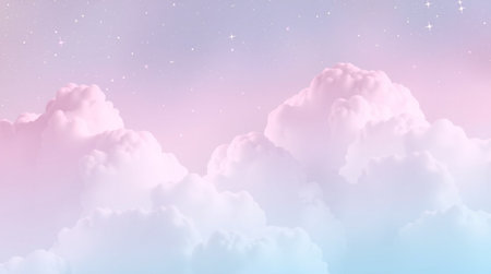 Pastel sky background with white fluffy clouds and starry night sky