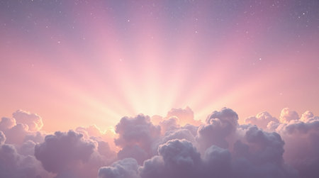 Sunset sky with clouds and rays of light. 3d illustration