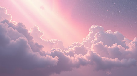 Fantasy cloudy sky with sun rays and stars. 3D illustration