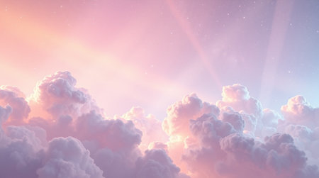 Sunset sky background with clouds and rays of light. 3d illustration