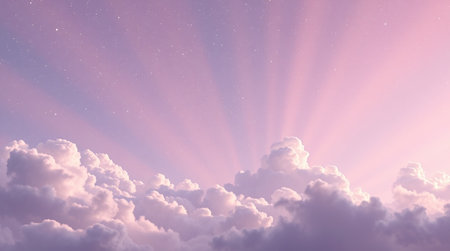 Sunset sky with clouds and rays of light. 3d illustration