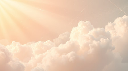Sunset sky background with tiny clouds and rays of light, 3d illustration