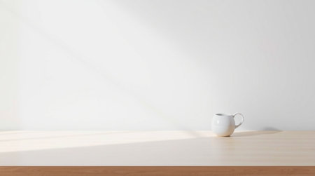 coffee cup on wood table and white wall background, 3d rendering