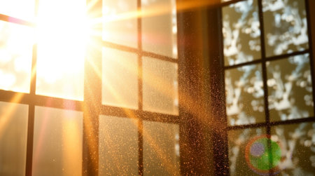 Sunlight through the window in the morning. The sun shines through the window.