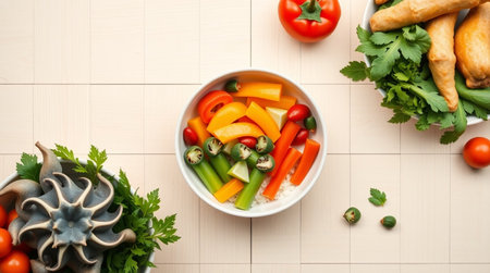 Bowl with fresh vegetables on table, top view. Healthy foodの写真素材