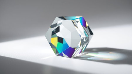 3D illustration of a diamond on a white background with a shadowの写真素材