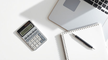 Office desk table with laptop, calculator and notebook. Top view with copy spaceの写真素材