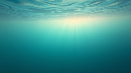 Underwater view of the sea surface with sunbeams and rays