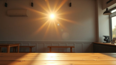 Empty wooden table in front of coffee shop blur background with bokeh image.